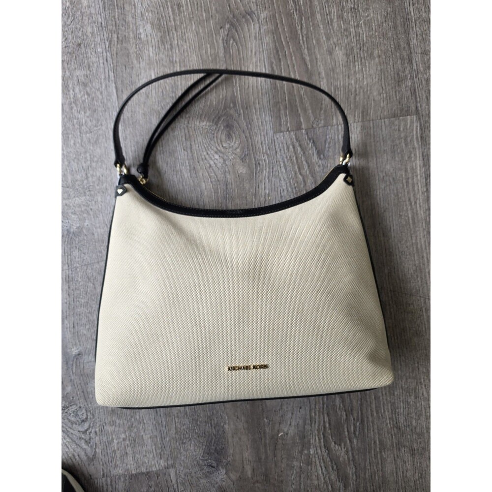 NEW Michael Kors Maeve Large Hobo Bag Cream Beige Black Canavas Leather